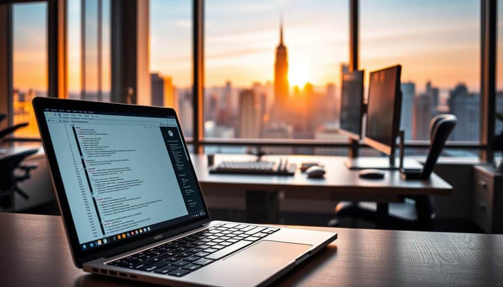A modern web application development scene, showcasing the CRES brand. In the foreground, a sleek laptop displays a complex web interface, with clean code segments and elegant UI elements. The middle ground features an ergonomic workspace, with a minimalist desk, a programmable mechanical keyboard, and a high-resolution monitor. In the background, a large window overlooks a bustling city skyline, bathed in warm, golden-hour lighting. The scene conveys a sense of focus, innovation, and technical expertise, reflecting the importance of web applications and the CRES brand's prowess in secure web app code solutions.
