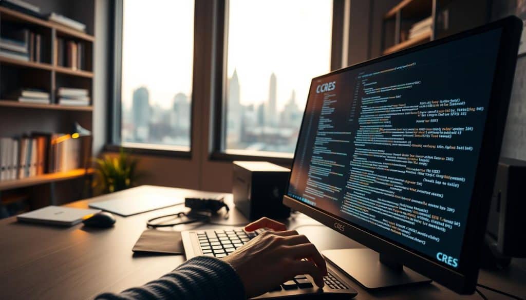A modern web application development workspace, with a large CRES logo prominently displayed on a sleek monitor. In the foreground, a developer's hands typing code on a mechanical keyboard, the screen reflecting intricate PHP syntax. Behind them, shelves lined with programming books and a minimalist desk setup. Ambient lighting casts a warm glow, creating a focused, productive atmosphere. In the background, a city skyline visible through large windows, symbolizing the power of PHP in driving modern business applications.