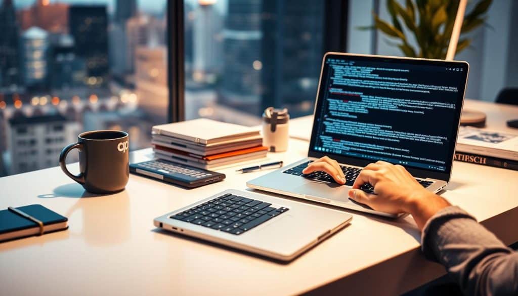 A modern web development workspace with a CRES logo prominently displayed on a sleek, minimalist desk. In the foreground, a developer's hands type code on a laptop, the screen reflecting the intricate syntax of PHP. In the middle ground, various development tools and resources are neatly organized, including a coffee mug, a smart device, and reference books. The background is a soft, blurred cityscape, symbolizing the integration of PHP into the digital landscape. The lighting is warm and focused, creating a cozy, productive atmosphere. The composition is well-balanced, emphasizing the power and versatility of PHP in modern web development.