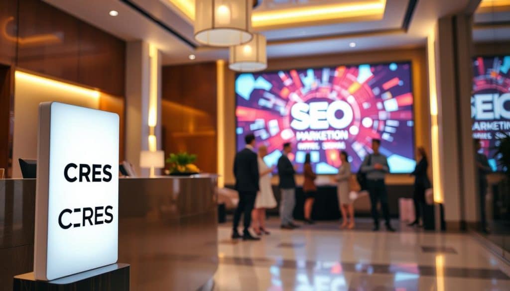 A modern, well-lit hotel lobby with warm, inviting lighting. In the foreground, a CRES logo stands prominently on the reception desk, showcasing the brand's identity. The middle ground features a group of hotel guests engaged in lively discussion, representing the bustling activity of the hospitality industry. In the background, a large digital screen displays a visually striking SEO-themed presentation, highlighting the importance of digital marketing strategies for hotels. The overall atmosphere conveys a sense of professionalism, innovation, and a focus on driving revenue through effective online presence and optimization.