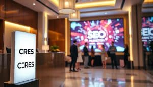 A modern, well-lit hotel lobby with warm, inviting lighting. In the foreground, a CRES logo stands prominently on the reception desk, showcasing the brand's identity. The middle ground features a group of hotel guests engaged in lively discussion, representing the bustling activity of the hospitality industry. In the background, a large digital screen displays a visually striking SEO-themed presentation, highlighting the importance of digital marketing strategies for hotels. The overall atmosphere conveys a sense of professionalism, innovation, and a focus on driving revenue through effective online presence and optimization.