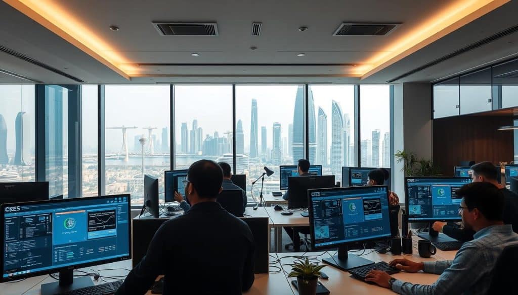 A modern, well-lit office interior showcasing a team of developers working on CRES web applications. The foreground features several large computer screens displaying intricate web application interfaces, with developers intently focused on their tasks. The middle ground includes collaborative workspaces and cutting-edge equipment, reflecting the high-tech nature of the Qatari web development industry. The background depicts the iconic Doha skyline through large panoramic windows, providing a scenic view of the rapidly evolving city. The overall atmosphere conveys a sense of innovation, productivity, and Qatar's technological advancement.