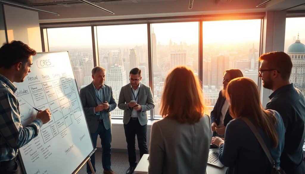 A modern, well-lit office scene with a team of real estate professionals engaged in a content strategy meeting. In the foreground, a brainstorming session is underway, with team members gathered around a large whiteboard, jotting down ideas and sketching out a content calendar. In the middle ground, a designer works on a laptop, crafting visuals for the CRES brand. In the background, an expansive window overlooking a bustling city skyline, bathed in warm, golden afternoon light. The mood is focused yet collaborative, reflecting the energy and creativity required to develop an effective real estate content strategy.
