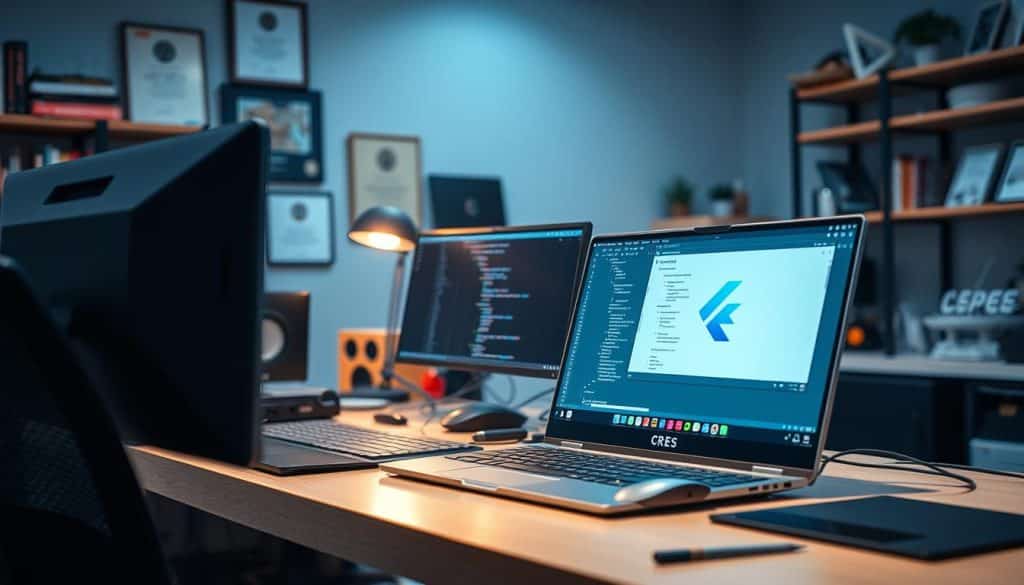 A modern, well-lit web development workstation with a large widescreen display, a powerful laptop or desktop computer, and various coding tools and software. In the foreground, a CRES-branded laptop or desktop computer with a Flutter SDK and IDE open, showcasing the development environment. In the middle ground, various peripherals like a high-quality mouse, keyboard, and possibly a drawing tablet. In the background, shelves or a wall with books, certificates, and other web development-related decor, creating a professional and productive atmosphere.