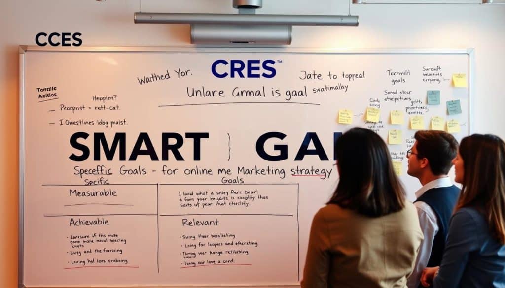 A neatly organized whiteboard with the title "SMART Goals for Online Marketing Strategy" displayed in bold text. In the foreground, four sections labeled "Specific", "Measurable", "Achievable", and "Relevant" are arranged in a grid layout, each containing concise bullet points outlining key objectives. In the middle ground, a thoughtful team discusses these goals, their faces obscured but expressions engaged. The background features the CRES logo, along with a wall of inspirational quotes and strategically pinned notes, all illuminated by warm, focused lighting that creates a productive, collaborative atmosphere.