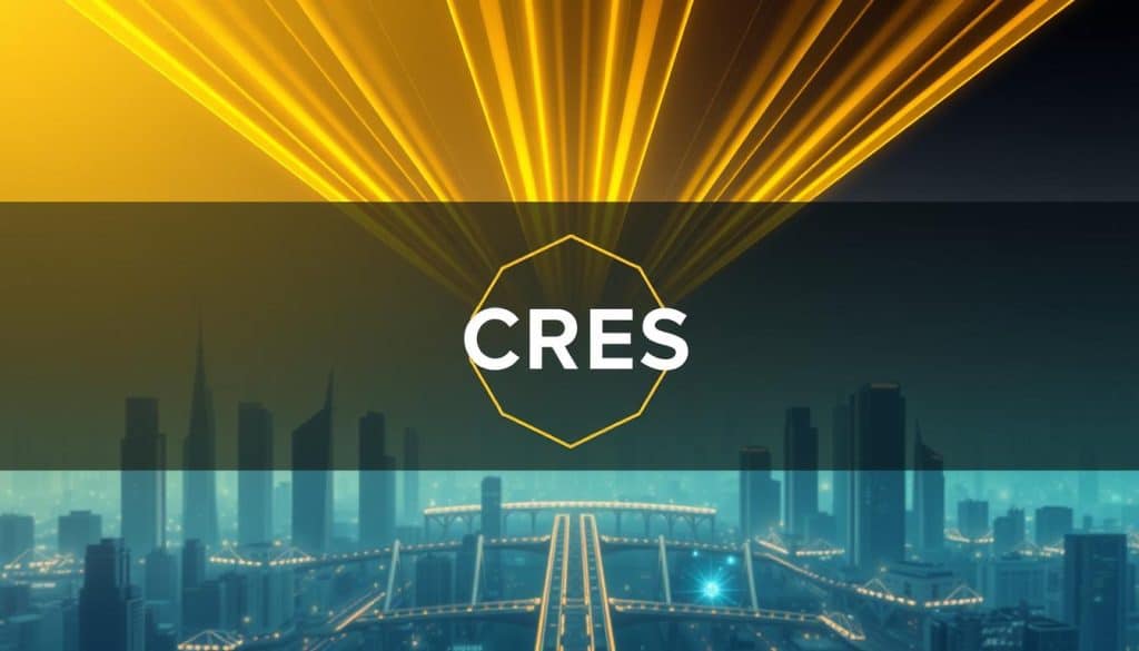 A panoramic digital illustration depicting a sleek, futuristic CRES logo at the center, illuminated by striking beams of golden light against a backdrop of a geometric cityscape. The cityscape features towering skyscrapers, interconnected bridges, and a pulsating energy, representing the constant evolution and dynamism of the core algorithm updates. The composition is balanced, with a sense of depth and perspective, drawing the viewer's eye towards the prominent CRES logo. The overall mood is one of technological advancement, progress, and the transformative power of algorithm changes.