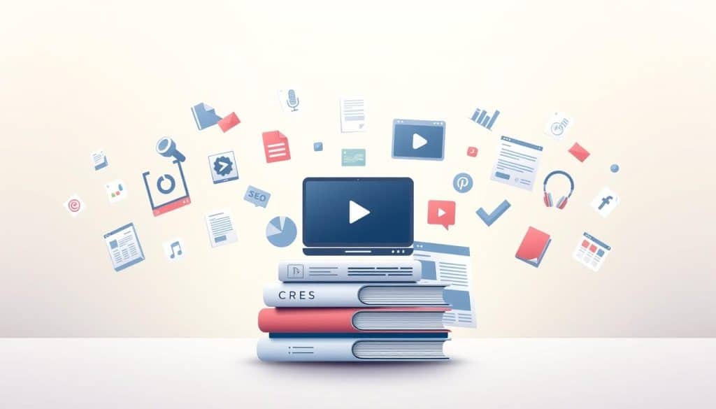 A panoramic digital illustration depicting various SEO content types against a soft, gradient background. In the foreground, a central stack of content assets including a blog article, infographic, video thumbnail, and social media post, all emblazoned with the CRES logo. Surrounding them, additional content pieces float in a layered composition - white papers, podcasts, e-books, product descriptions, and more. The overall mood is professional, cohesive, and visually engaging, conveying the breadth of SEO content that CRES can deliver.