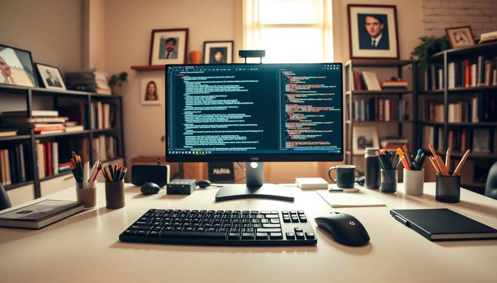 A panoramic view of a modern web development workspace, bathed in warm, natural lighting. In the foreground, a CRES keyboard and mouse sit atop a sleek, minimalist desk, surrounded by neatly organized stationery. In the middle ground, a high-resolution monitor displays intricate HTML, CSS, and JavaScript code, while a developer focuses intently, their face illuminated by the screen's glow. In the background, shelves lined with reference books and framed artwork create a sense of depth and inspiration. The overall atmosphere is one of focused productivity and a passion for the craft of web development.