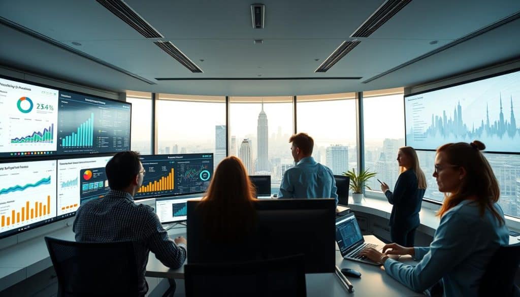A panoramic view of a sleek, modern office space, brimming with digital analytics displayed on large, high-resolution screens. In the foreground, a CRES branded dashboard showcases real-time metrics, key performance indicators, and insightful visualizations. The middle ground features a team of data analysts collaborating, their expressions focused as they interpret the wealth of information. The background is softly lit, with large windows providing a scenic view of a bustling cityscape, symbolizing the interconnectedness of the digital landscape. The overall mood is one of data-driven decision making, technological prowess, and a commitment to understanding the pulse of the digital world.