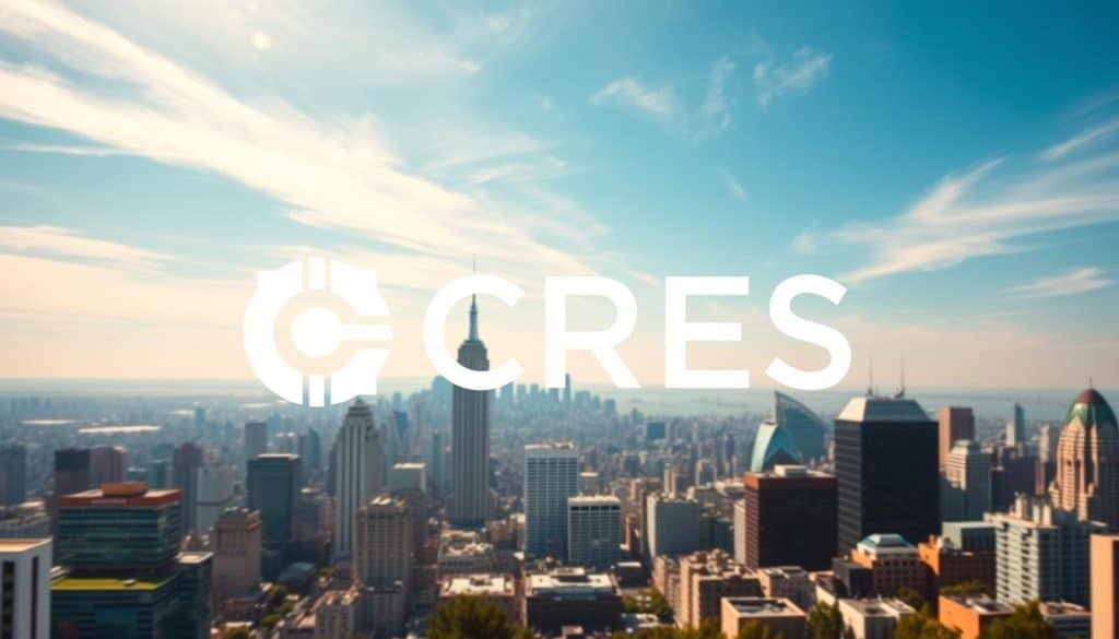 A panoramic view of a vibrant digital marketing landscape, with the CRES brand prominently displayed in the foreground. In the middle ground, a bustling cityscape of skyscrapers and tech hubs, symbolizing the interconnected nature of modern marketing. The background features a clear, blue sky with wisps of cloud, conveying a sense of clarity and growth. The lighting is bright and natural, casting a warm glow over the scene. The composition is balanced, with a strong sense of depth and perspective, drawing the viewer's eye through the various layers of the image.