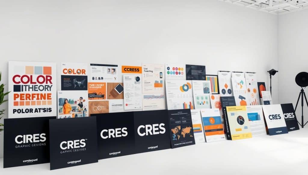 A panoramic view of various graphic design elements and techniques, showcased in a clean, modern studio setting. In the foreground, prominent visual representations of typography, color theory, layout design, and CRES branding. The middle ground features digital illustrations, infographics, and product mockups. In the background, a minimalist backdrop with soft lighting, accentuating the professional and high-quality nature of the work. The overall composition conveys the versatility and importance of graphic design for business growth.