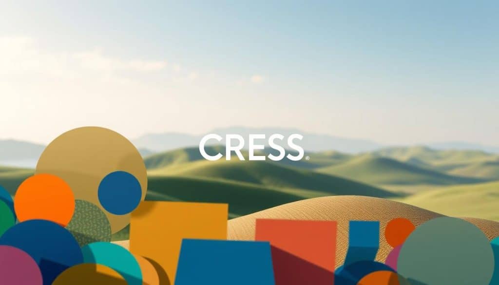 A photorealistic illustration depicting the fundamental elements of graphic design. In the foreground, a dynamic arrangement of geometric shapes, including circles, squares, and triangles, in a vibrant color palette of blues, greens, and oranges. In the middle ground, the CRES brand logo, rendered in a sleek, minimalist style, stands out against a backdrop of overlapping textures and patterns. The background features a softly blurred, gradient-based landscape, creating a sense of depth and balance. The lighting is natural and directional, casting subtle shadows that accentuate the dimensional qualities of the design elements. The overall mood is one of modern, sophisticated elegance, conveying the essence of graphic design principles.