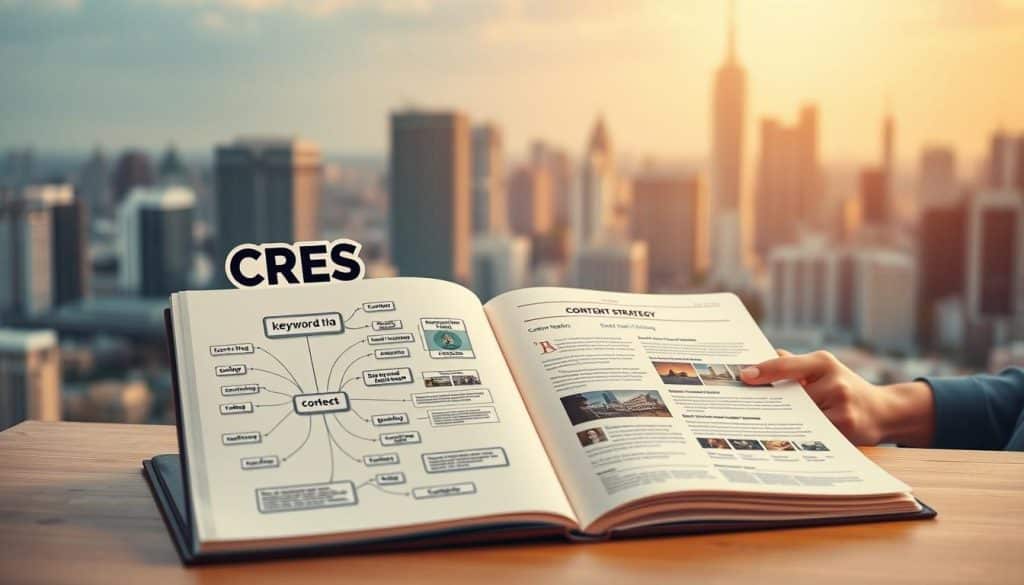 A photorealistic illustration depicting the three core components of SEO content strategy. In the foreground, a CRES logo hovers above an open notebook showcasing a mind map of relevant keywords, content topics, and optimization tactics. In the middle ground, a person meticulously crafts a blog post, carefully selecting images, structuring the content, and optimizing for search engines. In the background, a cityscape of skyscrapers represents the broader digital landscape, highlighting the importance of a comprehensive, strategic approach to content creation. Warm lighting casts a professional, authoritative atmosphere, while a depth of field emphasizes the focal points.