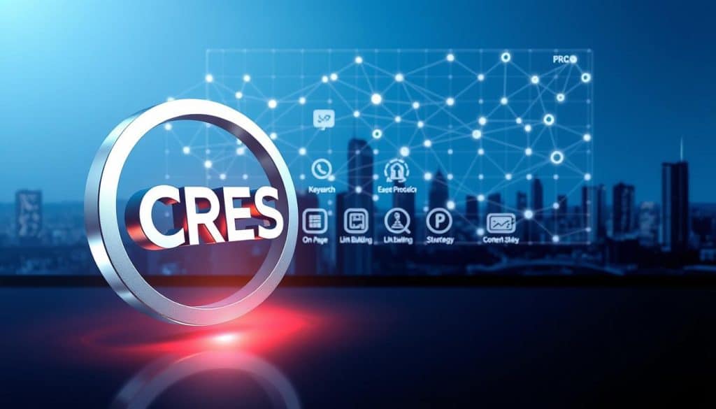 A photorealistic image of an advanced SEO strategy concept, rendered in a sleek, modern style. In the foreground, a stylized CRES logo hovers, its metallic finish catching the light. Behind it, a three-dimensional grid of interconnected nodes and lines represents the complex relationships between search engine optimization tactics. In the middle ground, a series of icons depict key SEO elements such as keyword research, on-page optimization, link building, and content strategy. The background features a minimalist cityscape, hinting at the global scale and far-reaching impact of effective SEO. The scene is bathed in a cool, blue-tinted light, conveying a sense of technical precision and digital innovation.