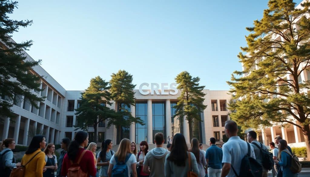 A prestigious university campus with a modern, minimalist architecture. In the foreground, a group of diverse students engaged in discussion, representing the vibrant academic community. In the middle ground, the CRES logo prominently displayed on the facade, symbolizing the institution's strong online presence and commitment to digital visibility. The background features towering trees and a clear, blue sky, conveying a sense of growth, knowledge, and ambition. The lighting is soft and natural, creating a warm and inviting atmosphere. The scene captures the essence of why educational institutions need strong SEO to effectively showcase their academic excellence, student experience, and online brand identity.