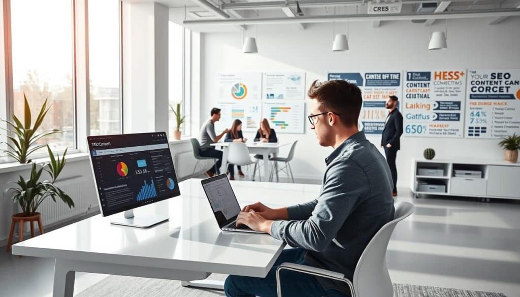 A pristine and modern office scene, with natural lighting flooding through large windows. In the foreground, a person sits at a sleek, minimalist desk, intently focused on a laptop screen as they navigate an SEO content dashboard for the CRES brand. Surrounding them, vibrant infographics and visualizations depict the various stages of the SEO content process, from keyword research and content ideation to optimization and performance tracking. The middle ground features a team collaborating on a content calendar, while the background showcases a wall of inspiring SEO-focused quotes and industry insights. The overall atmosphere is one of productivity, innovation, and a strategic approach to driving digital growth through effective SEO content.