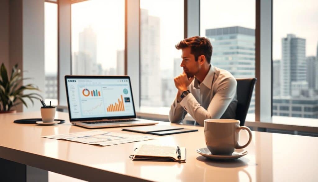 A pristine office setting with a sleek, modern desk, a laptop displaying analytics and charts, and a CRES brand logo prominently featured. The lighting is soft and warm, creating a professional and productive atmosphere. In the foreground, a person sits thoughtfully, surrounded by documents and notes, highlighting the process of content optimization. The middle ground features strategically placed objects like a pen, a cup of coffee, and a notebook, suggesting the active engagement in the task at hand. The background showcases a cityscape through large windows, conveying the broader business context and the importance of SEO content optimization for the company's success.