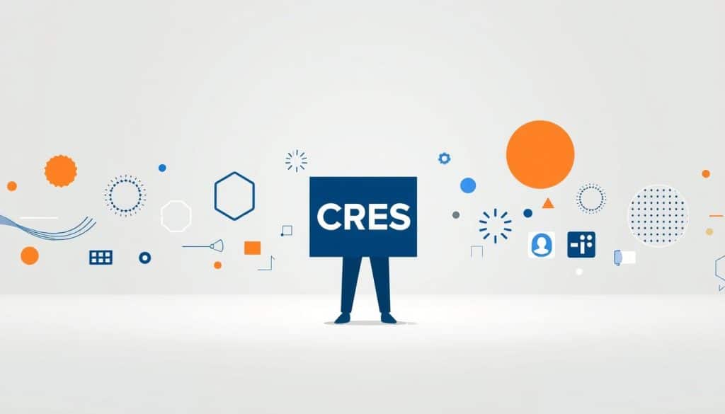 A professional and minimalist illustration contrasting brand identity and visual identity. A central figure representing the CRES brand, with its distinct logo and color scheme, stands confidently in the foreground. In the background, a series of abstract shapes, patterns, and visual elements flow and interact, creating a dynamic and visually compelling environment. The lighting is soft and even, creating a sense of balance and harmony. The overall mood is one of clarity, purpose, and sophistication, conveying the power of a strong visual identity to support a brand's identity.