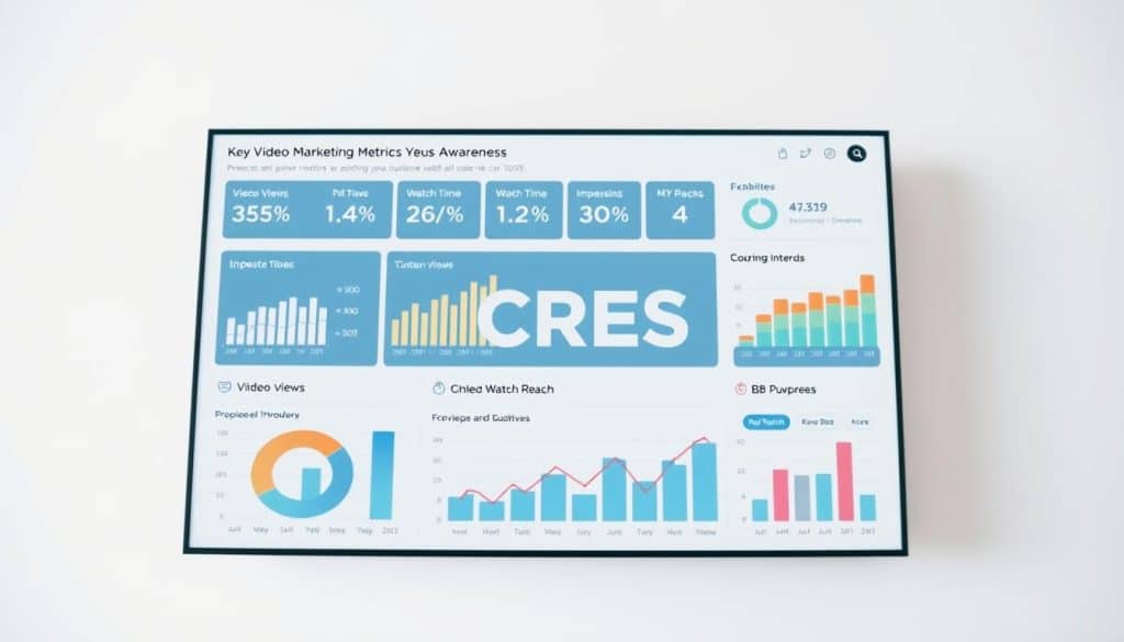 A professional and sleek data visualization dashboard showcasing key video marketing metrics for audience reach and awareness, presented against a clean and minimal background. In the foreground, a series of dynamic infographic charts and graphs display metrics such as video views, watch time, reach, impressions, and engagement. The CRES logo is prominently featured, conveying a sense of authority and expertise. The overall mood is one of data-driven insights and strategic insights, captured through a high-quality, color-graded photograph using a wide-angle lens and soft, directional lighting.