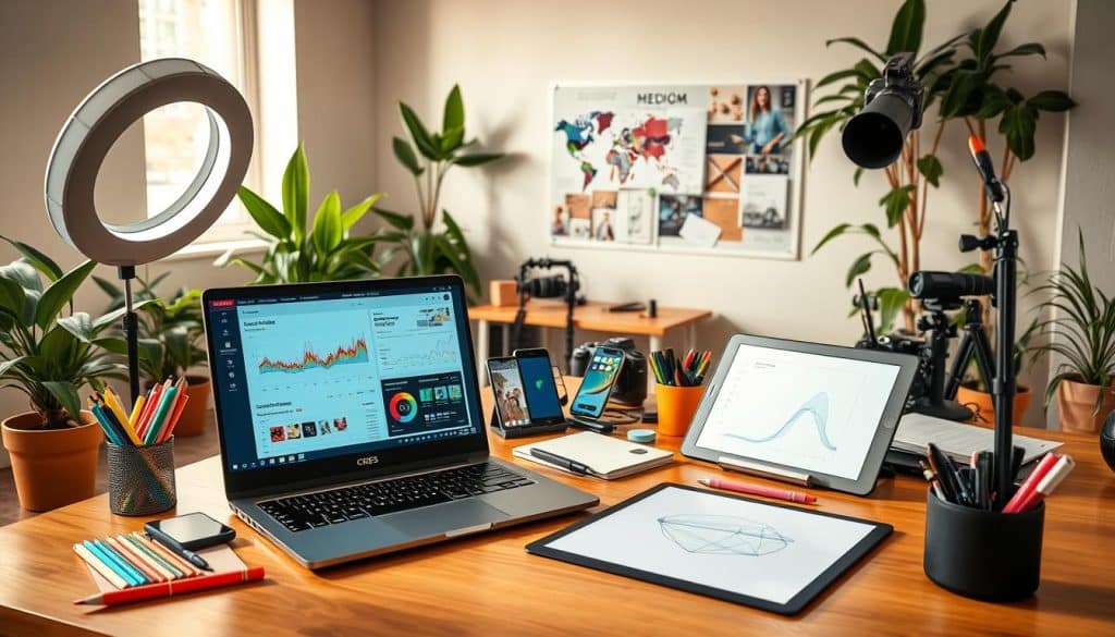 A professional content creator's workspace, filled with the tools of the trade. In the foreground, a high-end CRES laptop, its screen displaying social media analytics. Colorful stationery, a sleek drawing tablet, and a stylish ring light create a visually appealing setup. In the middle ground, an array of smartphones and cameras capture diverse content, while a mood board with trending hashtags provides inspiration. The background features a minimalist, plant-filled home office, bathed in warm, natural lighting, conveying a sense of productivity and creativity.