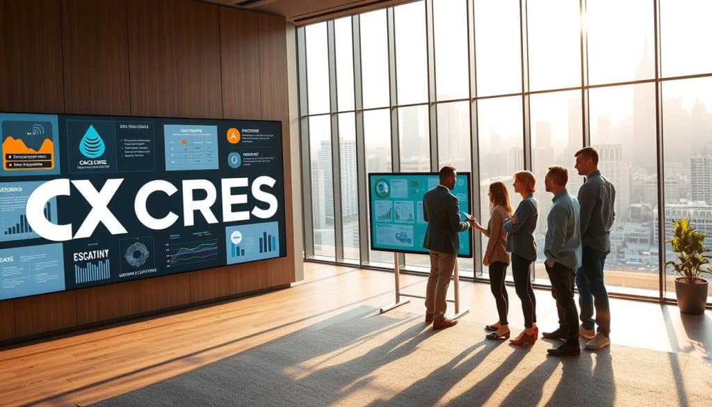 A professional corporate office environment with a sleek, modern design. In the foreground, a large display showcases a bold CRES logo, surrounded by impactful UX design graphics that highlight data visualizations, user flow diagrams, and wireframes. The middle ground features a team of designers collaborating on a touchscreen display, their expressions focused and engaged. In the background, floor-to-ceiling windows offer a panoramic view of a bustling city skyline, bathed in warm, natural lighting. The overall atmosphere conveys a sense of innovation, productivity, and the transformative power of UX design expertise.