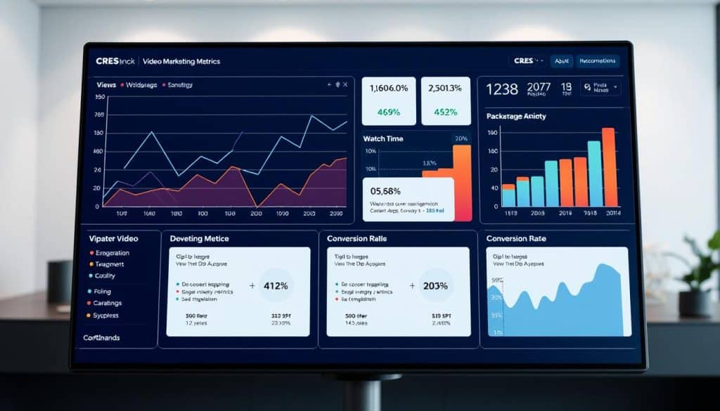 A professional data visualization dashboard displaying essential video marketing metrics on a sleek, modern interface. In the foreground, line graphs and bar charts depict key performance indicators such as views, watch time, engagement, and conversion rates, all branded with the CRES logo. The middle ground features information cards highlighting the metrics and their importance. The background depicts a minimalist workspace with subtle lighting, creating a clean and focused atmosphere for analyzing video marketing success.