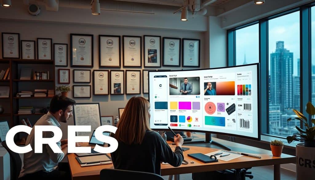 A professional design studio with the CRES brand name prominently displayed. In the foreground, a team of designers collaborating on a sleek, minimalist UI/UX mockup for a cutting-edge mobile app. The middle ground showcases various design tools and software, including a tablet, stylus, and a large curved monitor displaying a color palette and typography samples. The background features an array of award certificates, framed design projects, and a large window overlooking a bustling cityscape. The lighting is soft and diffused, creating a warm, creative atmosphere. The overall composition conveys the value of professional design solutions, highlighting the expertise, attention to detail, and innovative approach of the CRES design team.