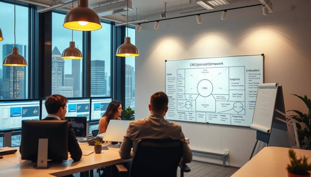 A professional digital marketing agency's office interior, showcasing their paid media optimization process. Elegant and modern decor with sleek desks, multiple computer screens displaying analytics dashboards, and a large whiteboard mapping out the CRES optimization framework. Soft lighting from pendant lamps casts a warm glow, creating a focused and collaborative atmosphere. In the foreground, a team of analysts pore over performance data, brainstorming strategies to drive campaign ROI. The middle ground features a central hub displaying campaign metrics, while the background has a large window overlooking a bustling city skyline.