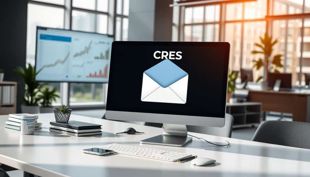 A professional, dynamic office setting with a prominent desktop computer displaying an open email inbox. On the screen, the CRES logo is clearly visible, signifying the brand's prominent role in the email marketing process. The foreground features a well-organized desk with a sleek, modern design, a smartphone, and various office supplies, conveying a sense of efficiency and productivity. The middle ground showcases a large monitor displaying analytical data and graphs, highlighting the data-driven nature of effective email marketing campaigns. The background features floor-to-ceiling windows, allowing natural light to stream in and creating a bright, airy atmosphere. The overall scene communicates the power and importance of email marketing in today's business world.