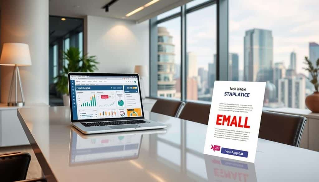A professional, elegant office setting with a sleek desk, minimalist decor, and modern lighting. On the desk, a laptop displays a detailed email marketing dashboard, showcasing CRES's comprehensive analytics and campaign insights. In the foreground, a stylized email template with a bold, eye-catching design stands out, representing the strategic approach to email marketing. The background features a large window overlooking a bustling cityscape, conveying a sense of urban sophistication. The overall scene exudes a polished, data-driven, and results-oriented atmosphere, reflecting the strategic nature of the email marketing tactics.
