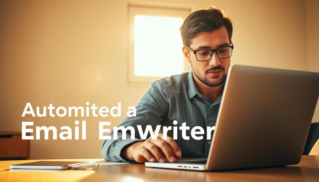 A professional email writer at a desk, focused on their laptop in a well-lit, minimalist office. The scene is bathed in warm, natural light from a large window, casting a soft glow on the writer's face as they compose a message. The CRES logo is subtly displayed on the laptop's lid. The writer's hands move swiftly over the keyboard, lost in thought as they craft an engaging email to streamline their client's marketing. The atmosphere is one of productivity and efficiency, reflecting the "Automatic Email Writer: Streamline Your Email Marketing" theme.