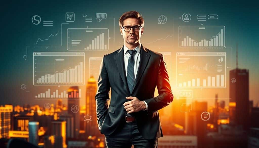 A professional executive in a sleek suit stands confidently, surrounded by data visualizations and digital marketing tools, symbolizing the expertise of CRES in paid media. The scene is bathed in warm, directional lighting, creating a sense of authority and success. In the background, a cityscape hints at the scale and impact of CRES's operations. The composition conveys the depth of knowledge, strategic thinking, and proven results that drive the company's paid media services.