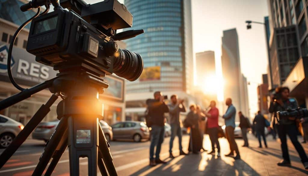 A professional film crew sets up their equipment on a bustling Doha street, capturing the dynamic energy of Qatar's business landscape. In the foreground, a high-end camera on a tripod, its lens carefully framed to showcase the iconic CRES building in the background. Warm, golden sunlight filters through the scene, casting long shadows and creating a sense of depth and drama. In the middle ground, a team of videographers and sound technicians collaborate, adjusting their gear to achieve the perfect shot. The overall atmosphere exudes a blend of technical expertise, creative vision, and the promise of a captivating video production that will showcase Qatar's thriving business community.