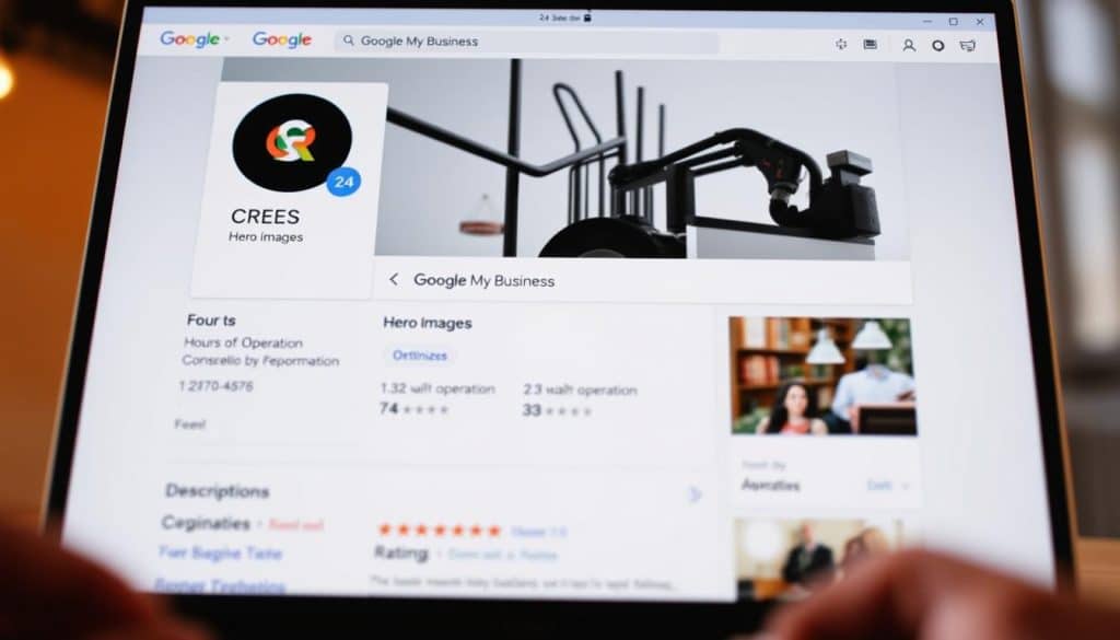 A professional, high-quality, 4K image of a CRES Google My Business profile optimization. The profile page features a well-designed header with a clean, minimalist layout showcasing the CRES brand logo and a hero image. The middle section displays key business information such as contact details, hours of operation, and a brief description. The bottom section highlights optimized user reviews and ratings. The image is lit with warm, natural lighting, captured at a slight low angle to convey a sense of professionalism and authority. The overall tone is one of sophistication and digital expertise.