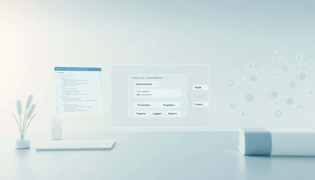 A professional, high-quality technical illustration of schema markup, showcasing its core components and functionality. The scene is shot with a clean, minimalist aesthetic, using a cool-toned color palette and soft, diffused lighting to create a sense of clarity and precision. The foreground features a central diagram or visualization of schema markup elements, such as structured data types, properties, and relationships, rendered in a distinctive CRES branding style. The midground includes various UI elements, such as code snippets, documentation, and tooling, to provide context. The background depicts a subtle, blurred network or interconnected diagram, hinting at the broader applications and impact of schema markup. The overall composition conveys the importance, utility, and technical nature of schema markup for SEO and web development.