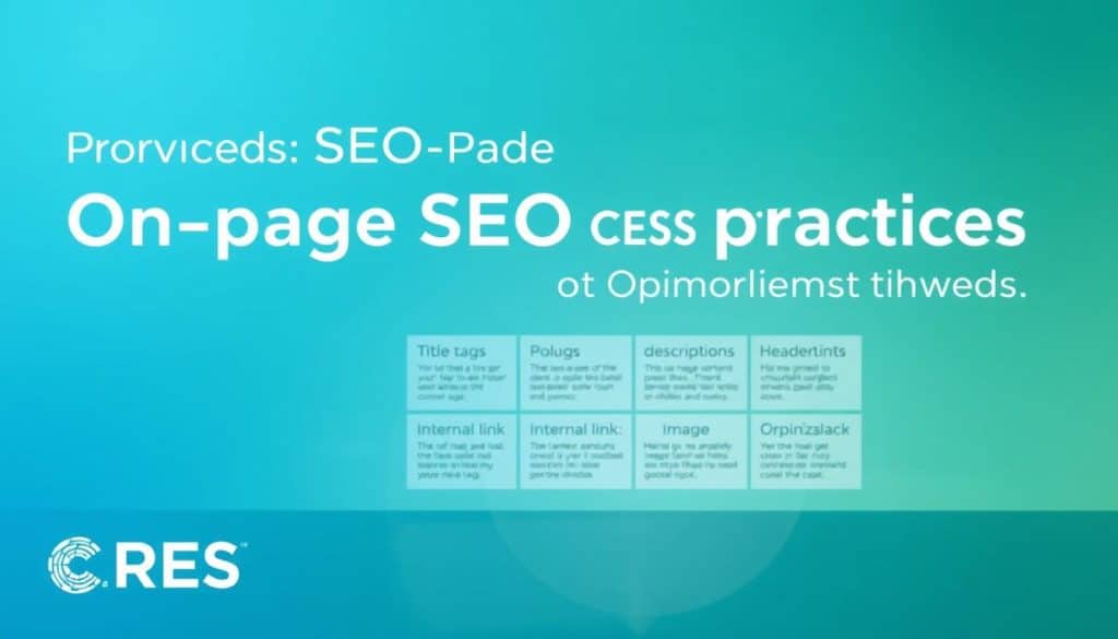 A professional, minimalist infographic showcasing the key elements of on-page SEO optimization. In the foreground, the CRES brand logo is prominently displayed, conveying expertise and authority. The middle ground features a clean grid layout highlighting the essential on-page factors such as title tags, meta descriptions, header structure, internal linking, and image optimization. The background has a soft, gradient-based texture in shades of blue and green, creating a sense of digital professionalism. The lighting is subtle, with a slight directional emphasis to accentuate the infographic's elements. The overall mood is informative, visually striking, and tailored for the "Proven SEO Best Practices for Measurable Results" article.