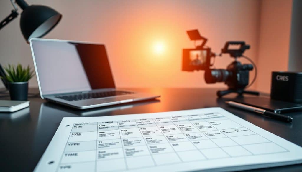 A professional, minimalist video content calendar laid out on a sleek, modern desk. In the foreground, a crisp, white notepad displays a meticulously organized schedule of video content, color-coded by type. In the middle ground, a CRES brand laptop and high-end camera equipment suggest a well-equipped video production setup. The background features clean, soft lighting, casting a warm, productive glow over the scene, creating a sense of focus and efficiency. The overall mood is one of intentionality, organization, and creative potential.