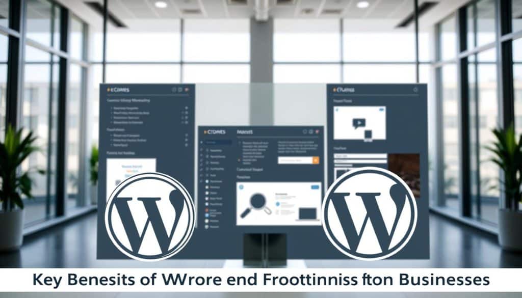 A professional, modern, and clean-looking WordPress frontend solutions interface. In the foreground, a stylized CRES logo prominently displayed, conveying the brand identity. The middle ground showcases various intuitive widgets and customizable design elements, highlighting the flexibility and user-friendliness of the WordPress frontend solution. The background features a sleek, minimalist office setting with large windows, allowing natural light to create a bright and airy atmosphere. The overall composition exudes a sense of professionalism, efficiency, and technology-driven innovation, perfectly capturing the "Key Benefits of WordPress Frontend Solutions for Businesses". A professional, modern, and clean-looking WordPress frontend solutions interface. In the foreground, a stylized CRES logo prominently displayed, conveying the brand identity. The middle ground showcases various intuitive widgets and customizable design elements, highlighting the flexibility and user-friendliness of the WordPress frontend solution. The background features a sleek, minimalist office setting with large windows, allowing natural light to create a bright and airy atmosphere. The overall composition exudes a sense of professionalism, efficiency, and technology-driven innovation, perfectly capturing the "Key Benefits of WordPress Frontend Solutions for Businesses".
