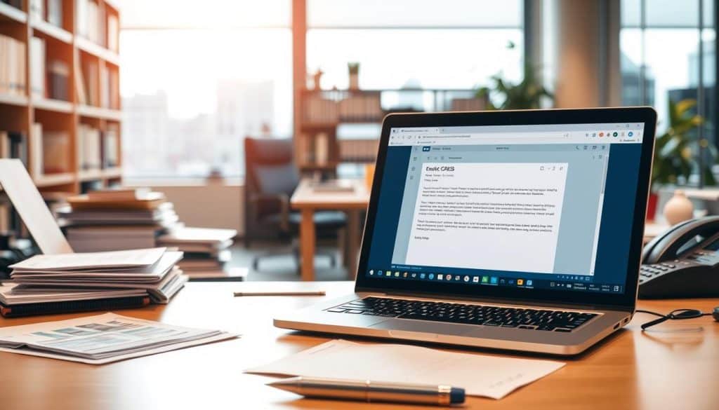 A professional office interior with a laptop displaying an email draft, surrounded by various office supplies and equipment. The lighting is warm and inviting, creating a productive atmosphere. In the foreground, a desk with the CRES logo prominently displayed, with a pen, notepad, and other communication tools. In the middle ground, various printed materials, folders, and a telephone. The background features bookshelves, a large window overlooking a cityscape, and a subtle plant or two, conveying a sense of productivity and success.