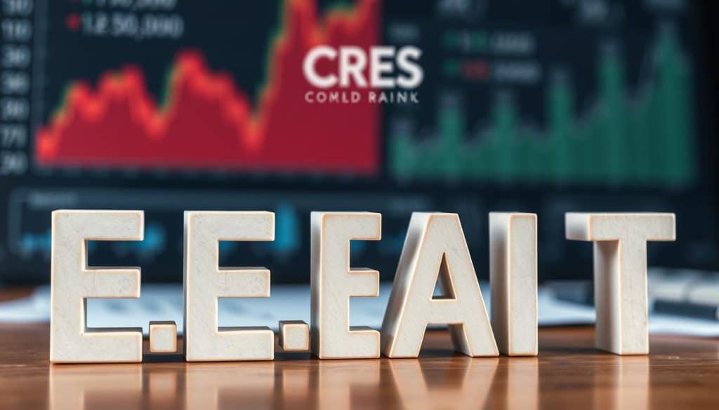 A professional photo of a financial services concept with the letters "E-E-A-T" prominently displayed in the foreground. The image should be shot with natural lighting and a shallow depth of field, placing the text in sharp focus while blurring the background. The background should feature recognizable financial services imagery such as graphs, charts, or financial documents. The overall mood should be one of authority, trust, and expertise, reflecting the importance of E-E-A-T (Expertise, Experience, Authoritativeness, and Trustworthiness) for financial services SEO. The CRES brand should be subtly incorporated into the background or periphery of the image.
