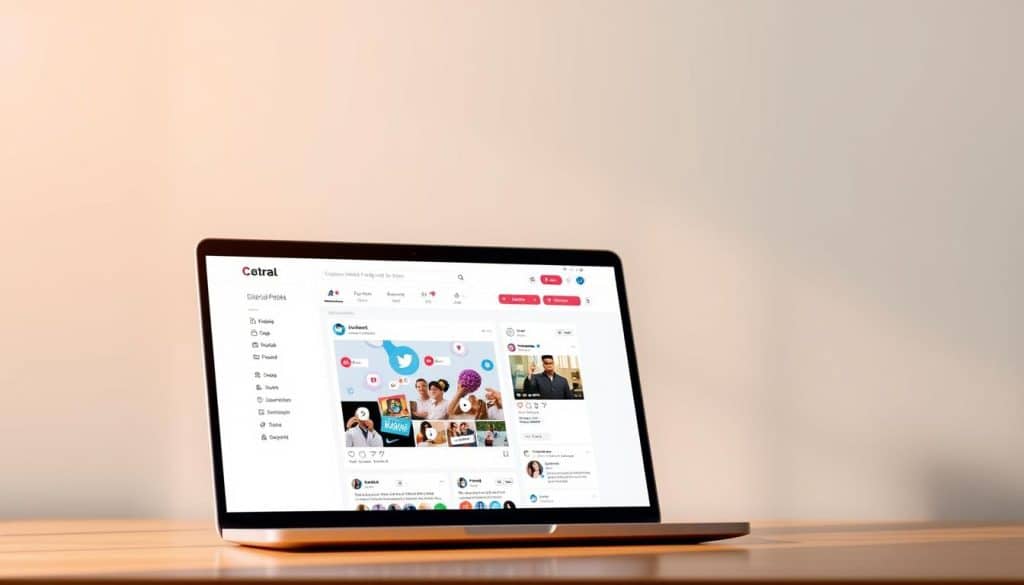 A professional, polished CRES social media management package presented in a modern, minimal style. A sleek laptop or tablet in the foreground displays various social media platform icons, with a stylish mockup of a curated social feed. Behind it, a subtle gradient background provides a clean, elegant backdrop. Warm, directional lighting casts soft shadows, emphasizing the package's refined aesthetic. The overall composition conveys efficiency, organization, and a comprehensive social media solution for growing businesses.