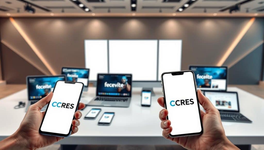 A professional, sleek, and stylish social media branding strategy scene. In the foreground, a hand holds a mobile device displaying the "CRES" brand logo against a clean white background. In the middle ground, various digital devices such as laptops, tablets, and smartphones are arranged in a visually appealing layout, showcasing different social media platforms and branding elements. The background features a modern, minimalist office setting with geometric shapes, subtle lighting, and a neutral color palette to create a sense of sophistication and forward-thinking. The overall atmosphere conveys a well-designed, cohesive social media branding strategy that is both visually striking and strategically effective. A professional, sleek, and stylish social media branding strategy scene. In the foreground, a hand holds a mobile device displaying the "CRES" brand logo against a clean white background. In the middle ground, various digital devices such as laptops, tablets, and smartphones are arranged in a visually appealing layout, showcasing different social media platforms and branding elements. The background features a modern, minimalist office setting with geometric shapes, subtle lighting, and a neutral color palette to create a sense of sophistication and forward-thinking. The overall atmosphere conveys a well-designed, cohesive social media branding strategy that is both visually striking and strategically effective.