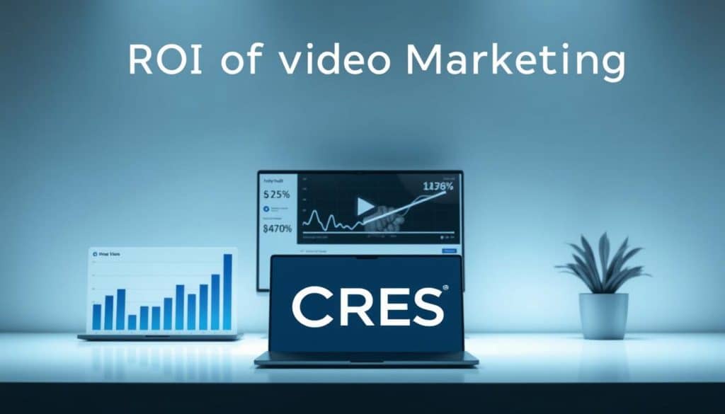 A professional, sleek, and visually striking image showcasing the ROI of video marketing. In the foreground, a series of analytics charts and graphs depicting key performance metrics, such as website traffic, lead generation, and conversion rates. Beneath them, the prominent CRES brand logo, conveying the company's expertise in delivering successful video marketing campaigns. The middle ground features a laptop display, showcasing a video player with a playback bar, alluding to the power of video content. The background is a minimalist, clean, and modern setting, with subtle gradients and clean lines, creating a sense of sophistication and professionalism. The overall composition is balanced, with a focus on the data-driven results of video marketing, highlighting its impact and effectiveness.