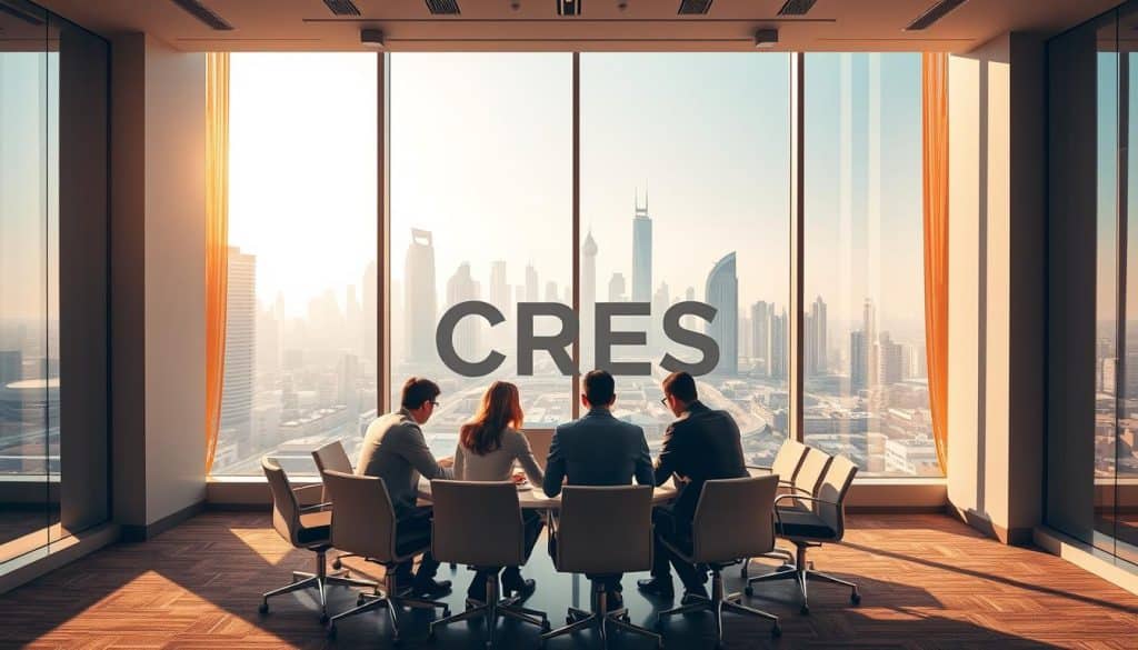 A professional, upscale office interior in Doha, Qatar, featuring the CRES brand name prominently displayed. The room is bathed in warm, natural lighting from large windows, creating a serene and productive atmosphere. In the foreground, a team of business people brainstorm SEO strategies on a sleek, minimalist conference table. The background showcases the stunning city skyline of Doha, with modern high-rise buildings and a clear, blue sky. The overall scene conveys a sense of innovation, collaboration, and Qatar's thriving business landscape.