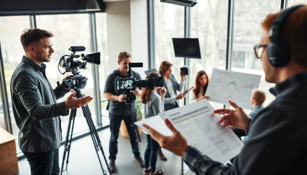 A professional video production crew films a dynamic video marketing strategy for the CRES brand. In the foreground, a talented narrator gestures expressively while delivering a compelling presentation. In the middle ground, a team of creatives collaborate on a storyboard, brainstorming innovative video concepts. The background depicts a sleek, modern office setting with large windows, allowing natural light to pour in and create a warm, productive atmosphere. The lighting is soft and flattering, capturing the energy and focus of the scene. The camera angle is slightly elevated, providing an immersive, bird's-eye view of the video marketing process in action.
