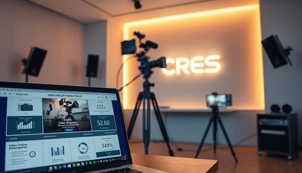 A professional video production studio with modern, minimalist decor. In the foreground, a laptop displaying various video optimization techniques and performance metrics. In the middle ground, a camera on a tripod capturing high-quality footage. In the background, a large CRES logo on the wall, illuminated by warm, focused lighting that creates a sleek, polished atmosphere. The overall scene conveys a sense of efficiency, expertise, and a focus on optimizing video content for maximum impact.