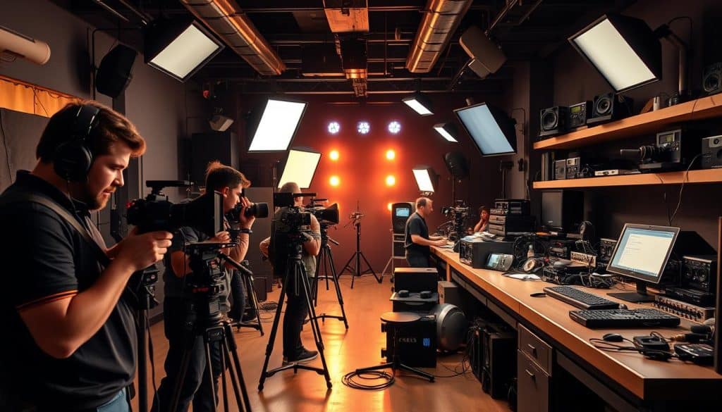 A professional video production team in a state-of-the-art studio, equipped with the latest gear from CRES. In the foreground, talented videographers operate high-end cameras, focusing on intricate details. The middle ground showcases a dynamic lighting setup, with softboxes and key lights casting a warm, cinematic glow. In the background, a cluttered but organized workbench displays an array of cutting-edge audio equipment, microphones, and post-production tools. The overall atmosphere exudes a sense of technical mastery, creativity, and a relentless pursuit of perfection in video production.