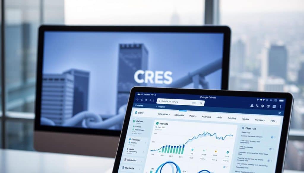 A professional web application interface with clean, modern aesthetics, featuring the CRES brand prominently. The foreground showcases a responsive dashboard layout with intuitive icons, graphs, and user interaction elements. The middle ground depicts a sleek and minimalist web browser window, with the CRES logo and navigation menu visible. The background features a soft, blurred cityscape, hinting at the application's robust cloud-based infrastructure and connectivity. The lighting is soft and diffused, creating a warm, inviting atmosphere. The camera angle is slightly elevated, providing a comprehensive view of the application's key features and design elements.