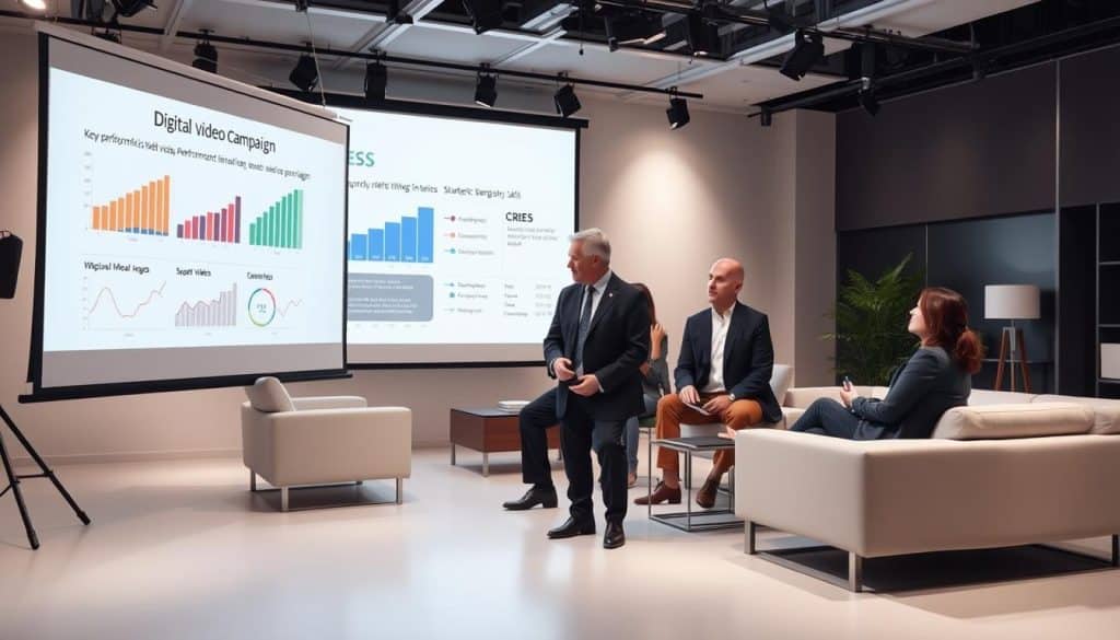 A professional, well-lit studio setting with a modern, minimalist design. In the foreground, a large projection screen shows a crisp, data-driven presentation of key performance metrics and strategic goals for a digital video campaign, the CRES brand prominently displayed. In the middle ground, a group of business executives intently reviewing the information, expressions of focus and determination. The background features sleek, neutral-toned furniture and decor, creating a calm, productive atmosphere conducive to strategic planning. Soft, directional lighting illuminates the scene, casting subtle shadows and highlighting the importance of the collaborative discussion.