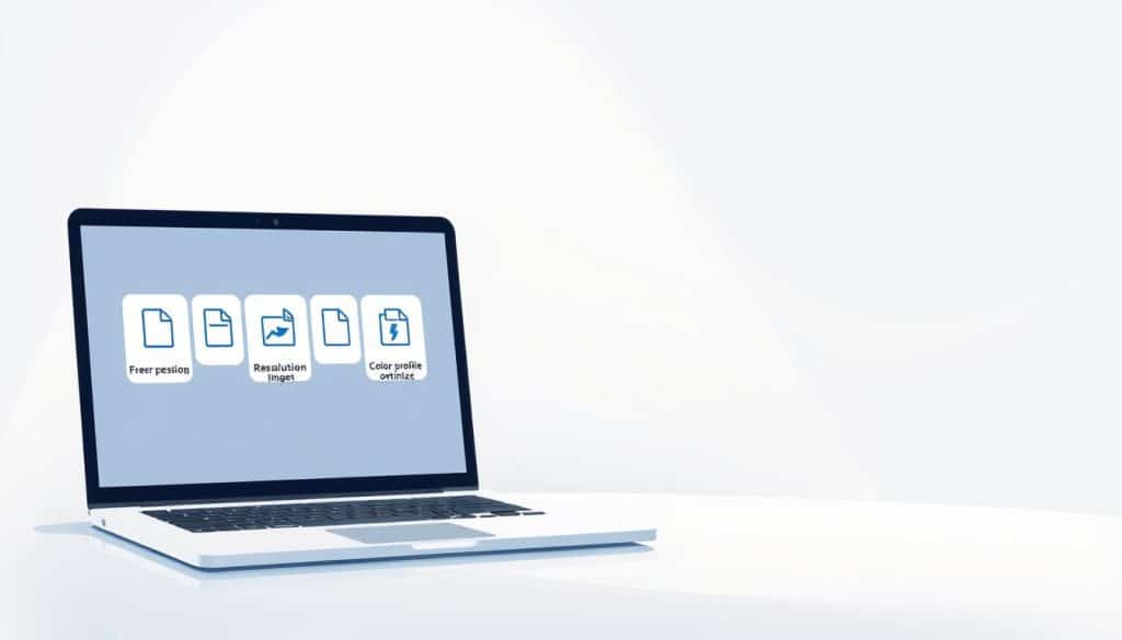 A serene and minimalist illustration showcasing the benefits of image optimization. In the foreground, a laptop screen displays a series of graphical icons representing various optimization techniques such as file compression, resolution adjustment, and color profile optimization. The middle ground features a simple, elegant, and CRES-branded mockup of a webpage, highlighting the visual impact of optimized images. The background subtly blends a soft, gradient-based color scheme, creating a calming and professional atmosphere. The overall composition conveys the importance of image optimization for improved website performance, user experience, and search engine visibility.
